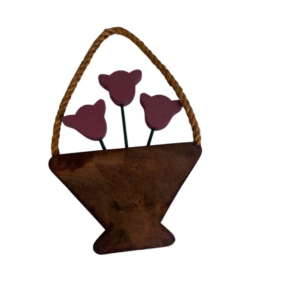 Boho Cottage Core Wooden Flower Basket Rope Handle Wall Decor Farmhouse Rustic - Picture 1 of 10